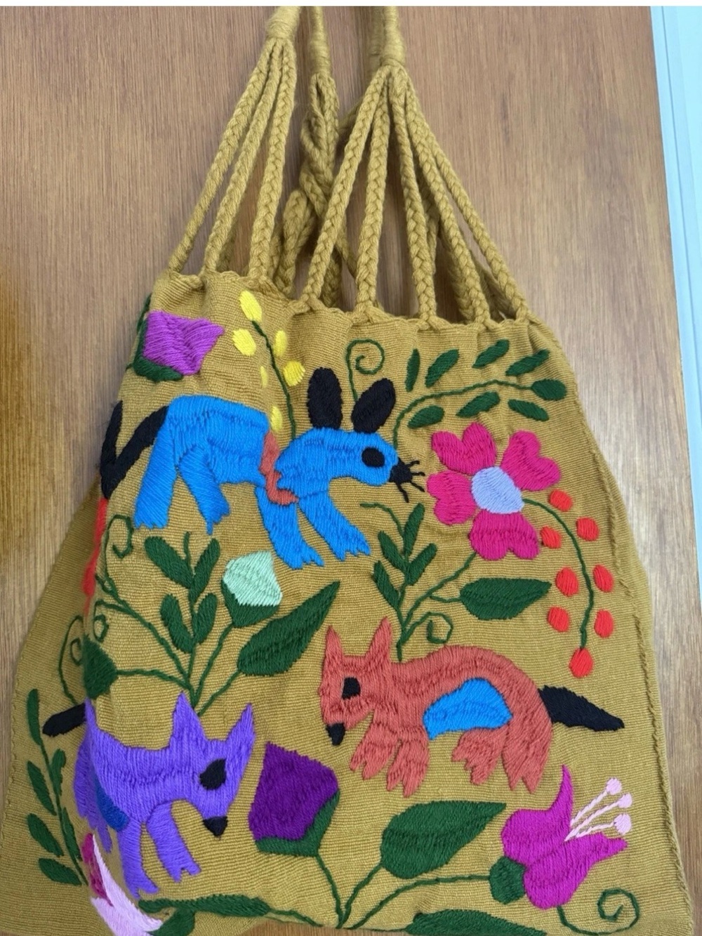 Handmade Mexican Embroidered Cotton Drawstring Bag Animal Floral Multicolor